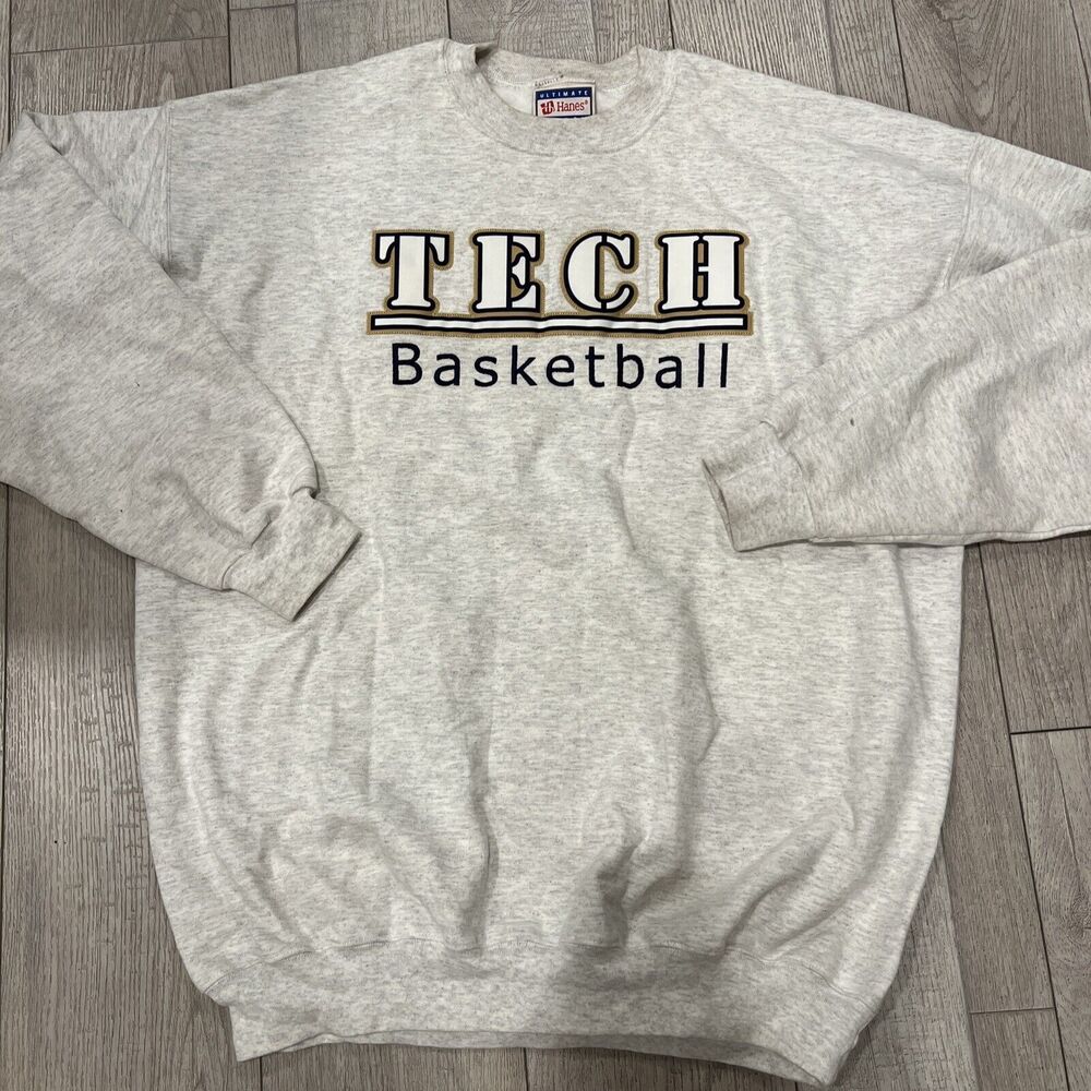 Vtg Hanes Ultimate Cotton Sweatshirt Men Sz L Gray Crewneck Pullover Tech BBall